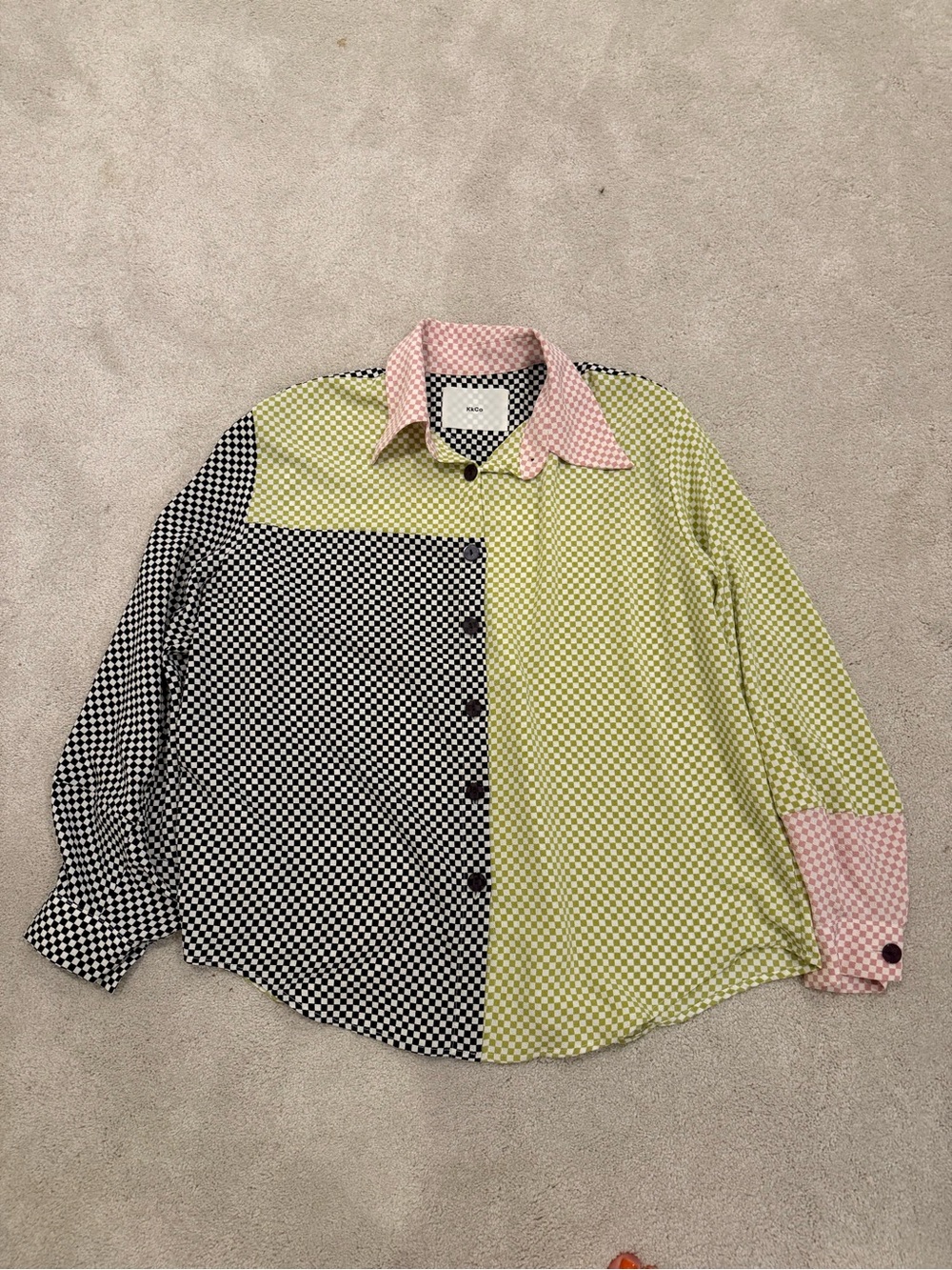 Colorblock Check Button-Up Blouse in Black, Lime & Pink
